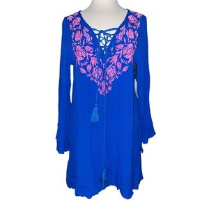 A6 Altar'd State Embroidered Tunic Dress Bohemian Lace Up Royal Blue Small NWT